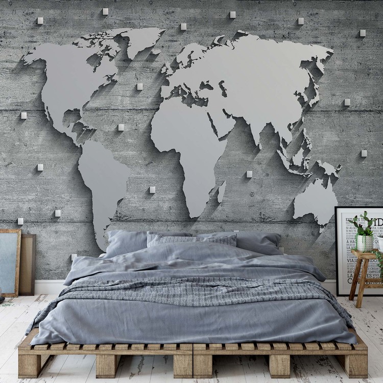 Modern 3D World Map Concrete Texture Wallpaper Mural