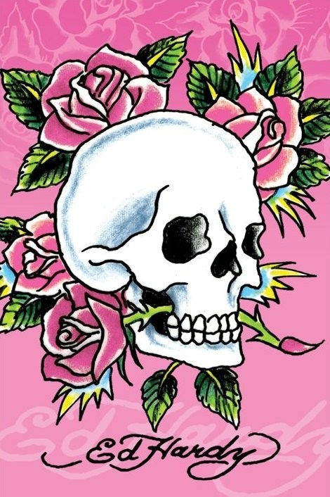 Плакат Ed Hardy - pink skull and roses