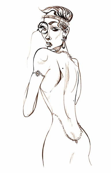 Плакат Model wearing a backless dress and a monocle