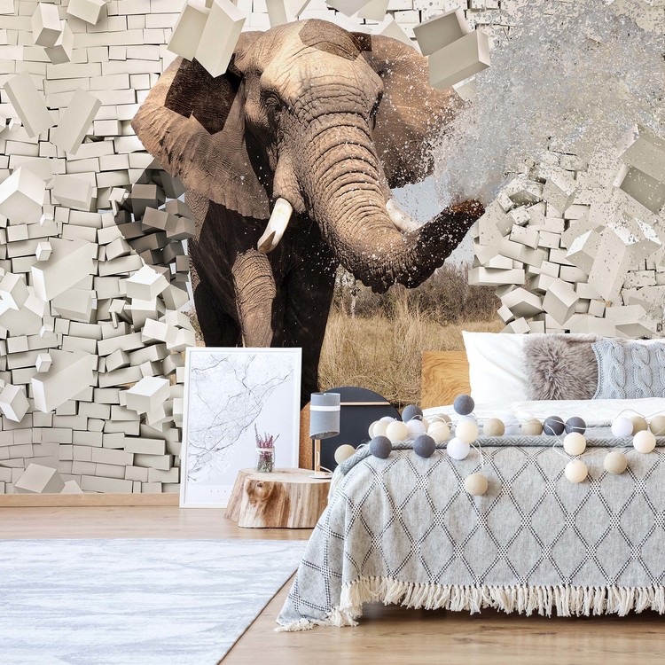 Elephant Bursting Through Brick Wall Wallpaper Mural