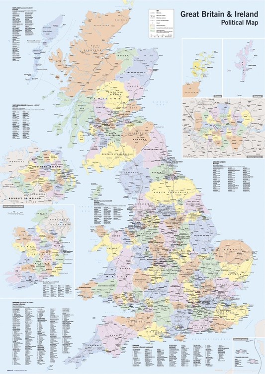 Плакат Politisk karta över Storbritannien