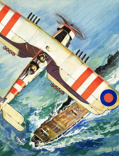 Плакат Unidentified bi-plane flying over an aircraft carrier