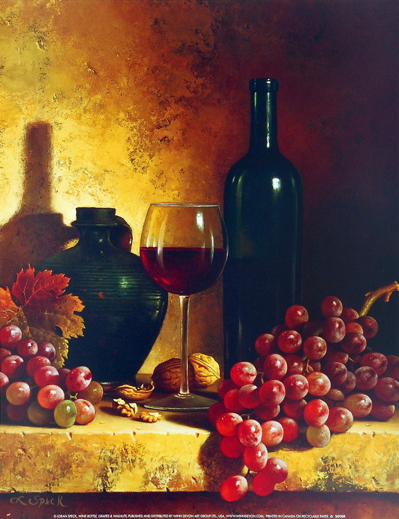 Art Print Wine Bottle,Grapes a Walnuts