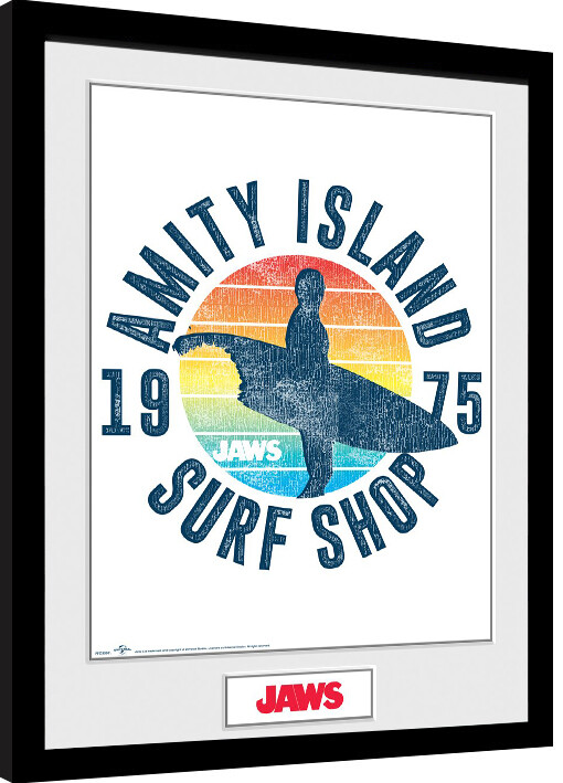 Κορνιζαρισμένη αφίσα Jaws - Amity Island Surf Shop