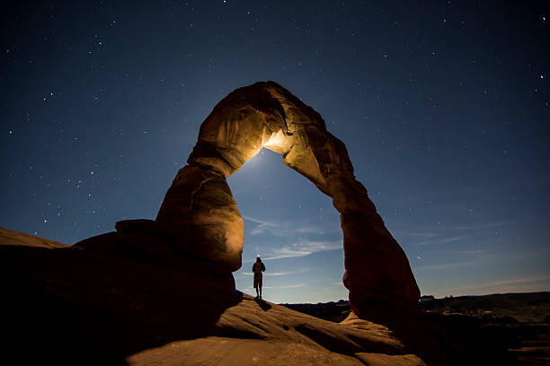 Poster A hiker standing underneath an arch.