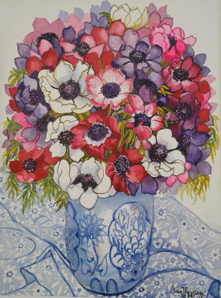 Fine Art Print Anemones in a Blue and White Pot, with Blue and White Textile, 2000,