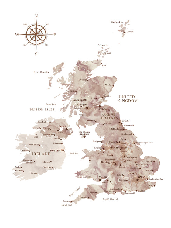 Map Brown watercolor map of the British Islands