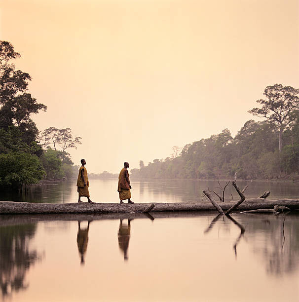 Art Photography Buddhist Monks walking along submerged tree