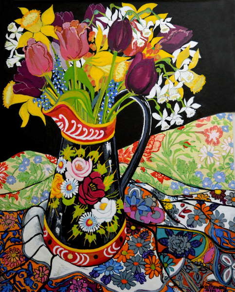 Canvas Print Canal Boat Jug, Daffodils and Tulips,2005