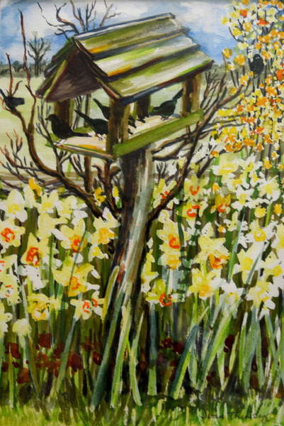 Fine Art Print Daffodils, and Birds in the Birdhouse, 2000,
