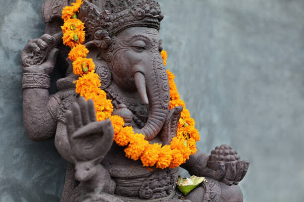 Art Photography Ganesha with balinese Barong masks, flowers