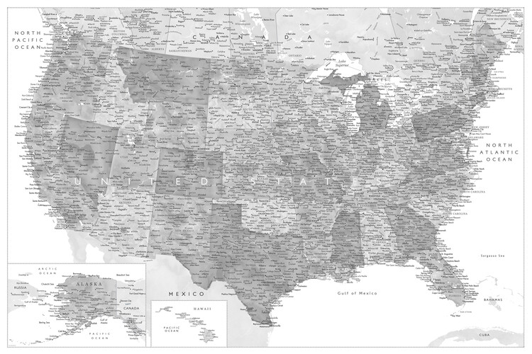 Realistic Map Of The United States Map Of Highly Detailed Map Of The United States In Grayscale Watercolor ǀ  Maps Of All Cities And Countries For Your Wall