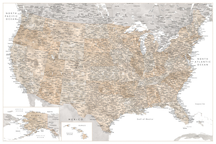 Enlarged Map Of The United States Map Of Highly Detailed Map Of The United States In Neutral Watercolor ǀ Maps  Of All Cities And Countries For Your Wall