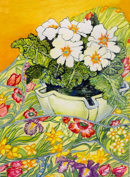 Canvas Print Pale Primrose in a Pot with Spring-flowered Textile,2000