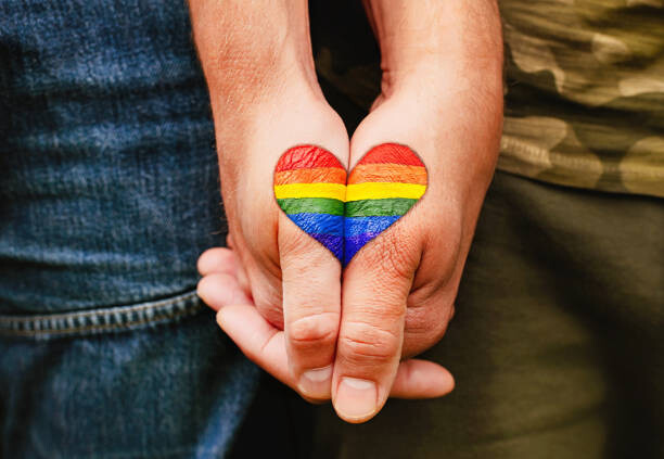 Art Photography Rainbow heart drawing on hands, LGBTQ