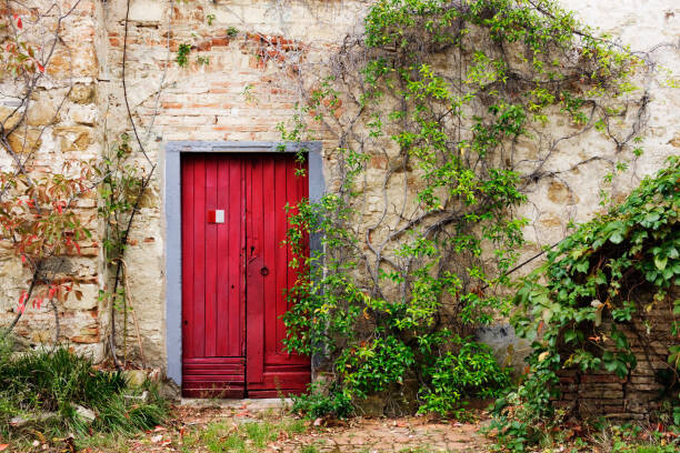 Art Photography Red Door in Old Brick and Stone Cottage