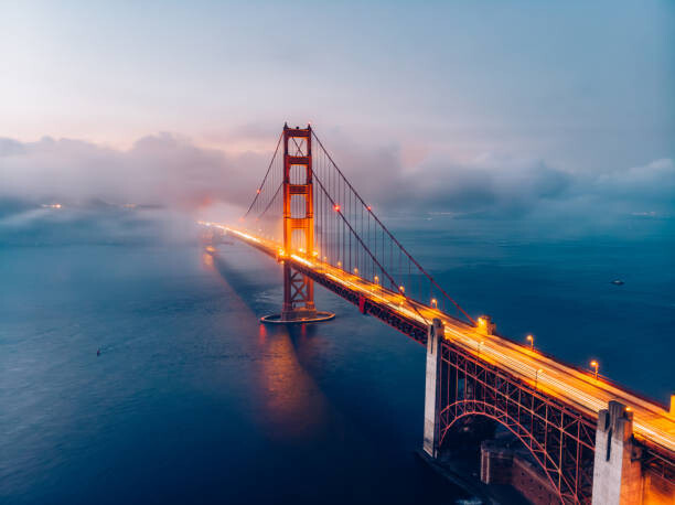 Art Photography Red Golden Gate Bridge under a foggy sky (Dusk)