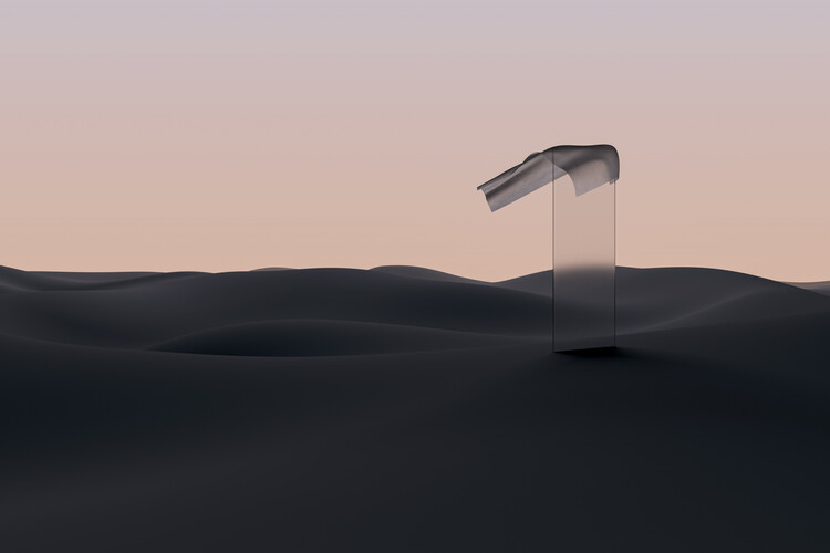 Art Photography Render of a piece of glass alone in the desert with a cloth series 3