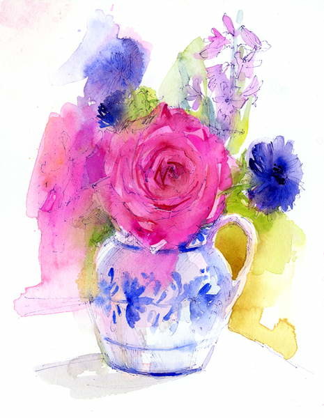Canvas Print Rose and Cornflowers in Pitcher, 2017