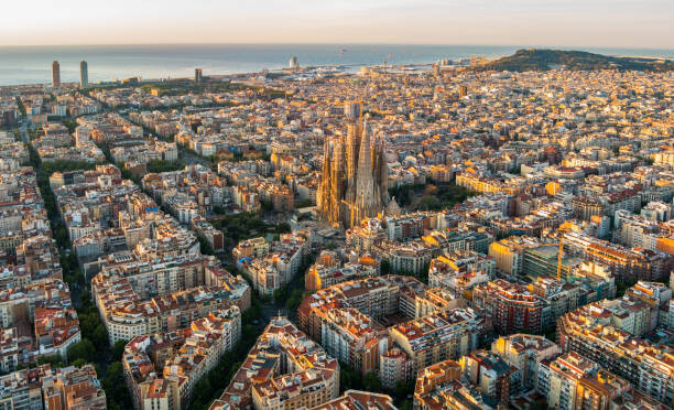 Art Photography Sagrada Familia and Barcelona skyline at