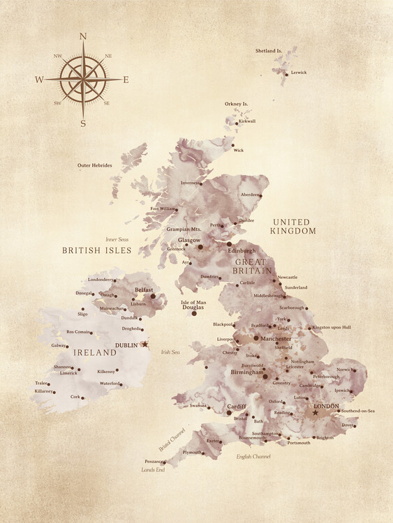 Map Sepia distressed map of the British Islands