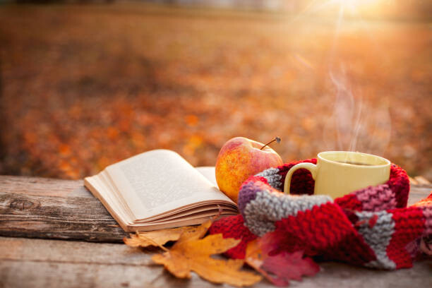 Arte Fotográfica Tea mug with warm scarf open book and apple