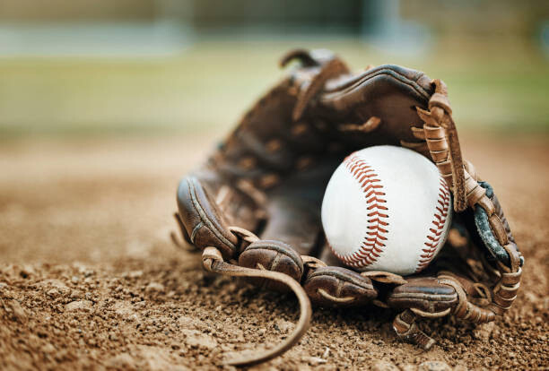 Sticker Baseball, leather glove and ball on