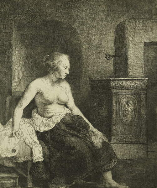 Canvas Print A Woman Sitting Half-Dressed Beside a Stove,