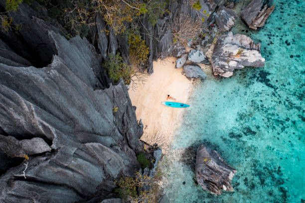 Canvas Print Aerial view of woman with kayak