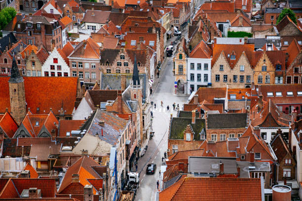 Canvas Print Bruges from above with Red Roofs.