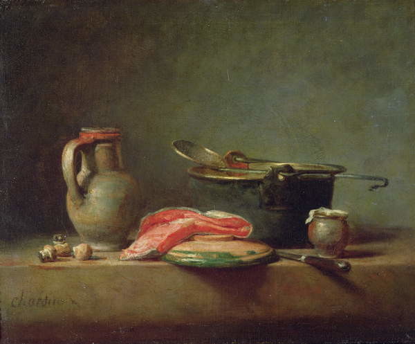 Canvas Print Copper Cauldron with a Pitcher and a Slice of Salmon