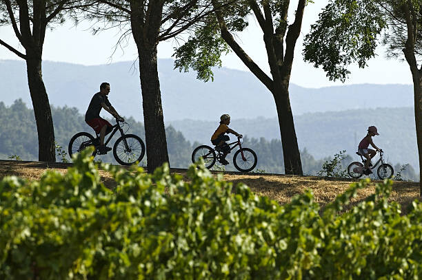 Canvas Print Father cycling with son and daughter