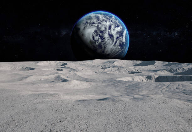 Canvas Print Moon surface with distant Earth and starfield
