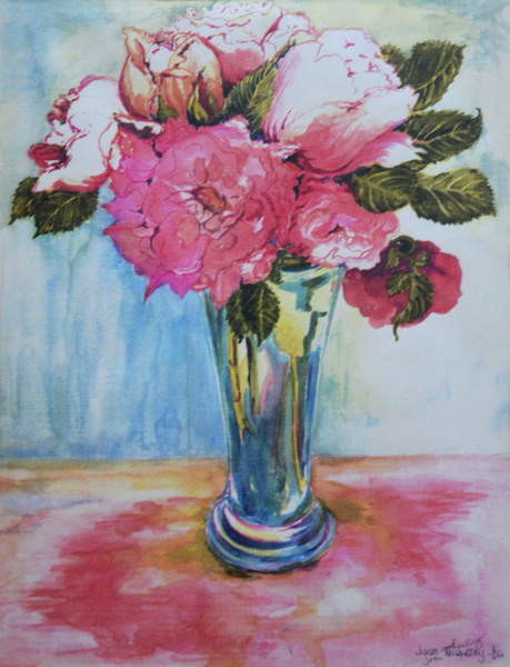 Canvas Print Pink Roses in a Blue Glass, 2000,