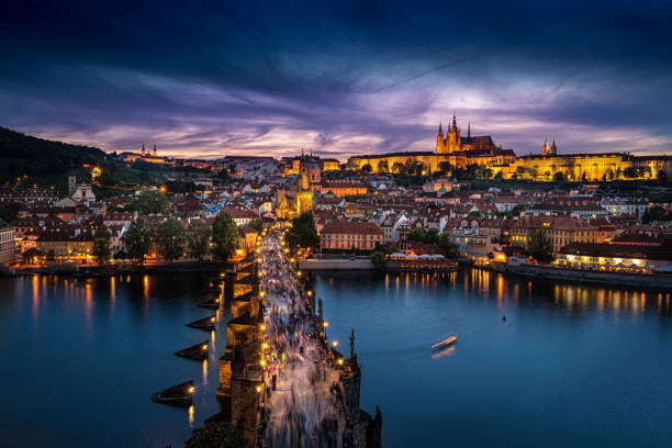 Canvas Print Prague, twilight overview of Charles Bridge,