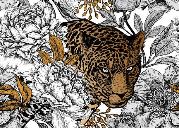 Canvas Print Seamless floral pattern with Leopard and peonies.