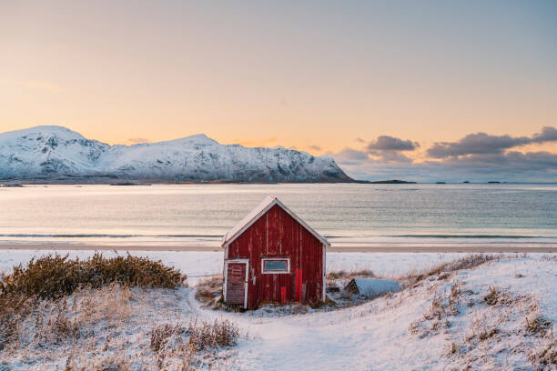 Canvas Print Solitary red cabin in a fjord, Lofoten Islands