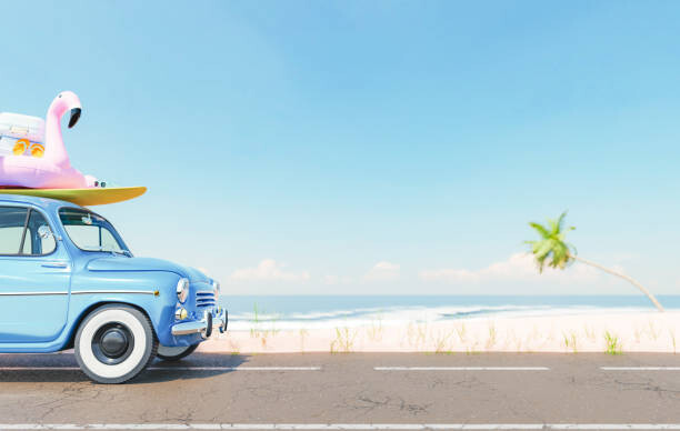Canvas Print Vintage car with beach accessories on