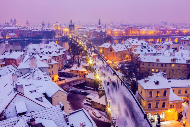 Canvas Print Winter in Prague - city panorama