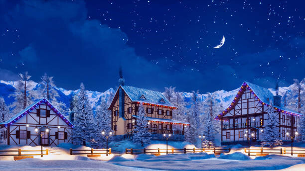 Canvas-taulu Snowbound alpine mountain town at winter night