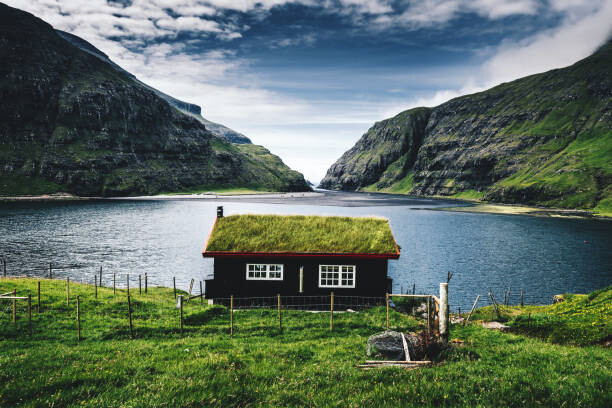 Canvas-taulu village at saksun with grass on the roof