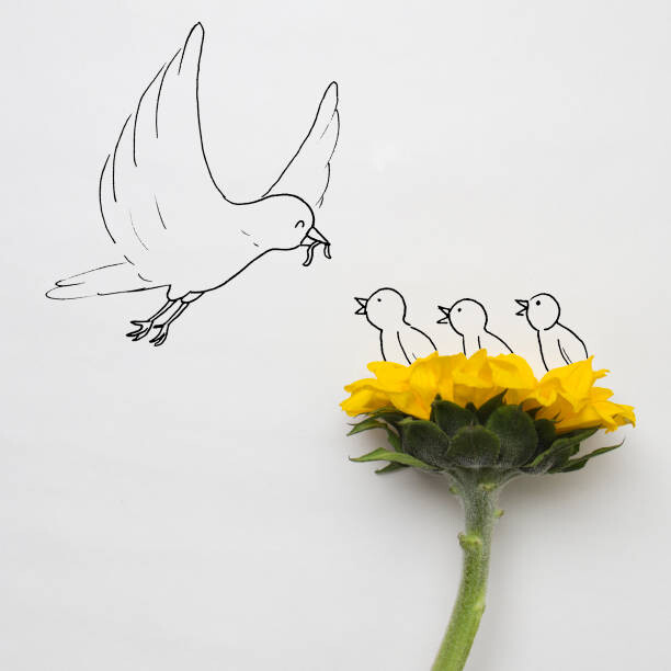 Sticker Conceptual bird feeding chicks in a nest