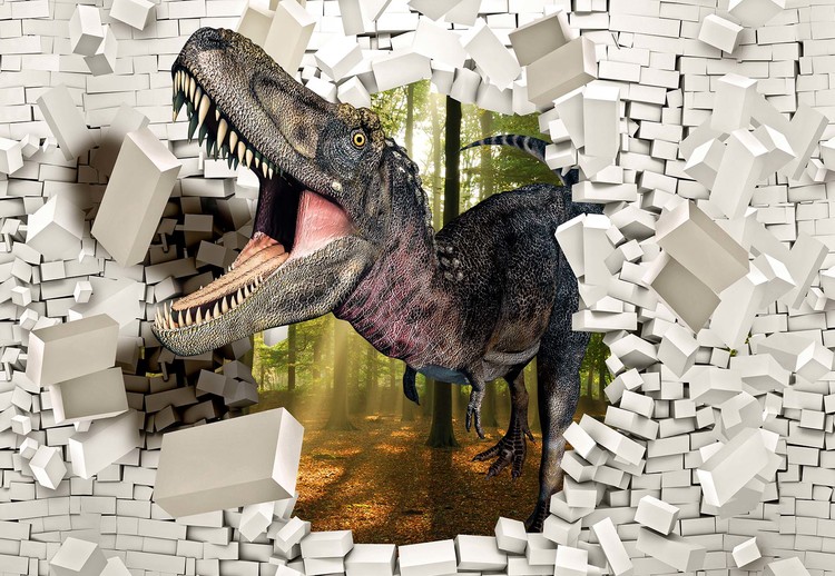 Papel de parede 3D Dinosaur Bursting Through Brick Wall