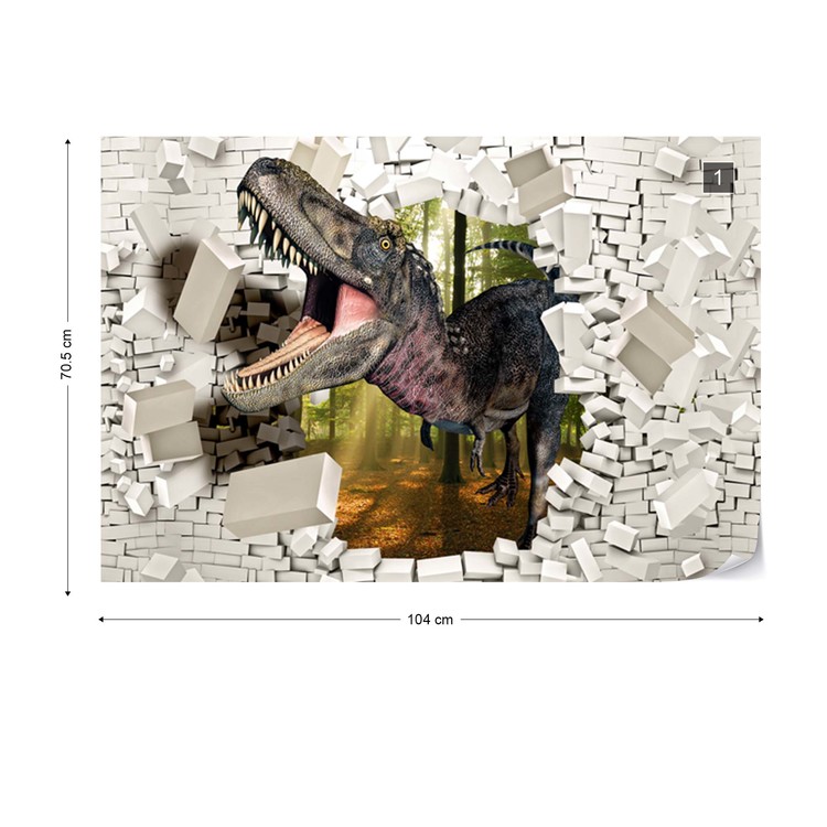 Papel de parede 3D Dinosaur Bursting Through Brick Wall