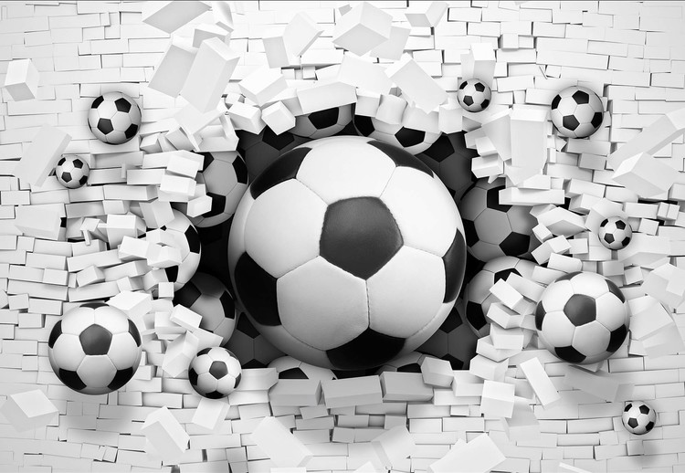 Papel de parede 3D Footballs Bursting Through Brick Wall