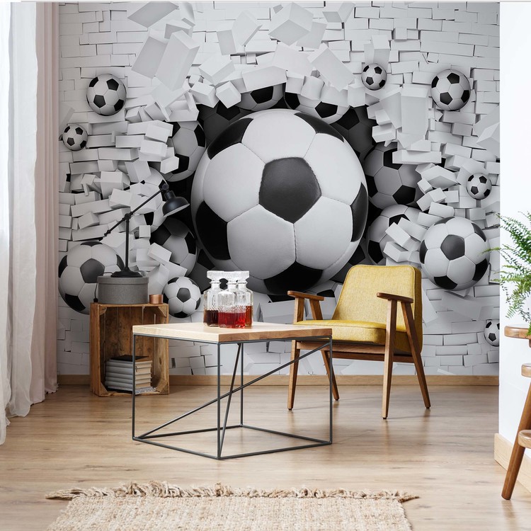 Papel de parede 3D Footballs Bursting Through Brick Wall