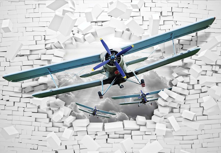 Papel de parede 3D Plane Bursting Through Brick Wall
