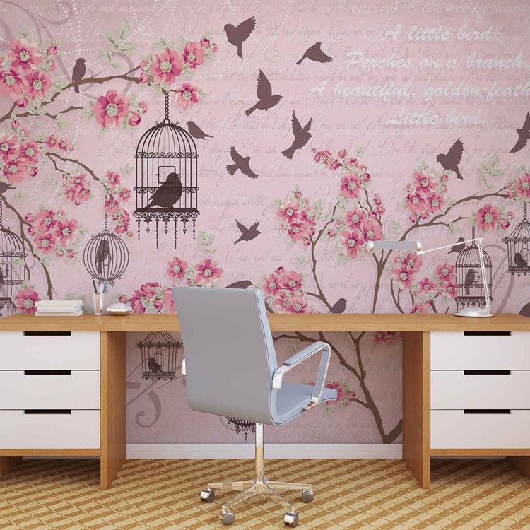 Papel de parede Birds Cherry Blossom Pink