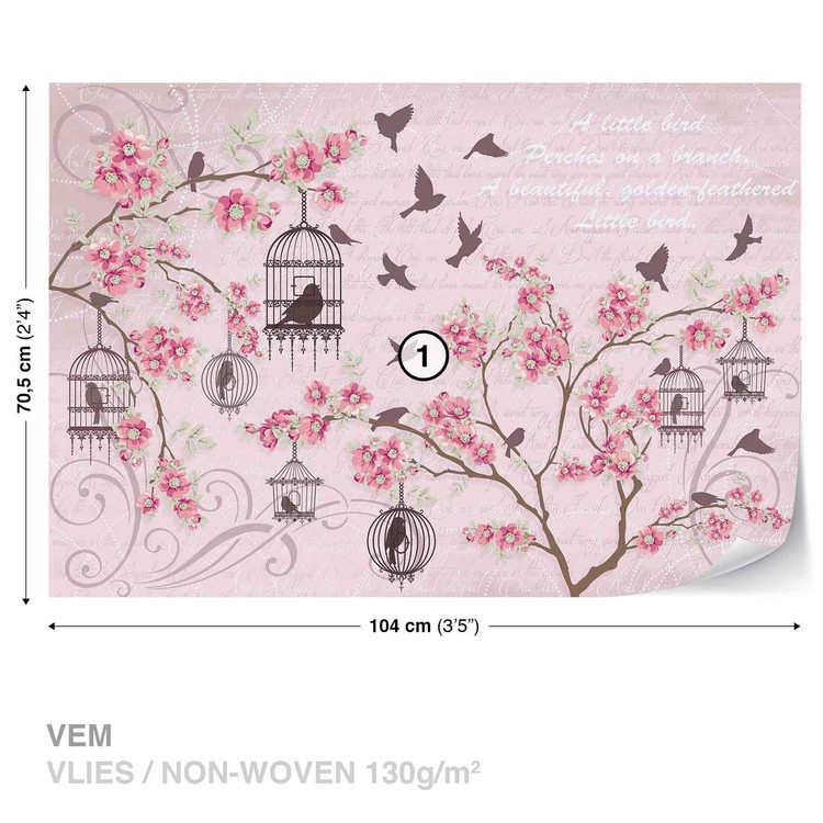 Papel de parede Birds Cherry Blossom Pink