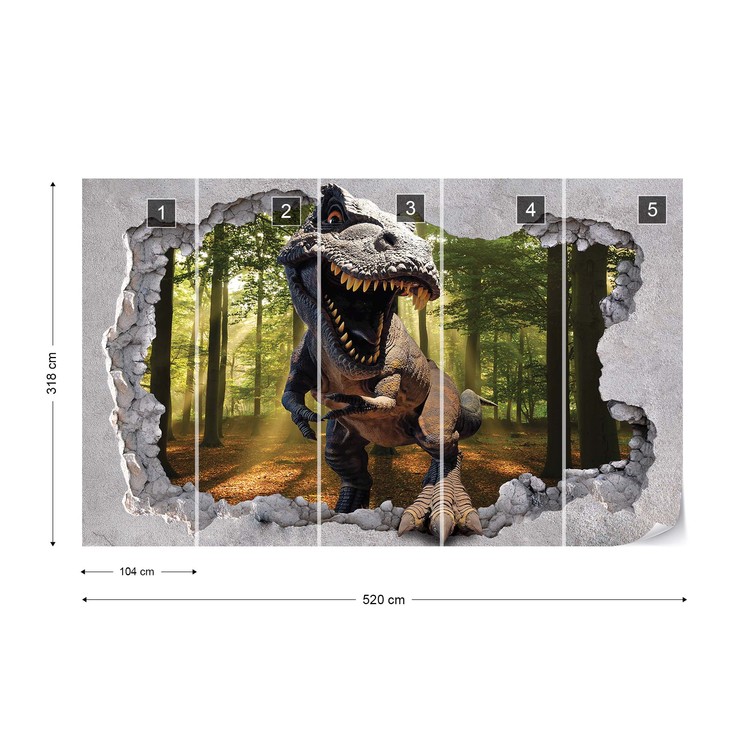 Murais de parede Dinosaur 3D Jumping Out Of Hole In Wall em